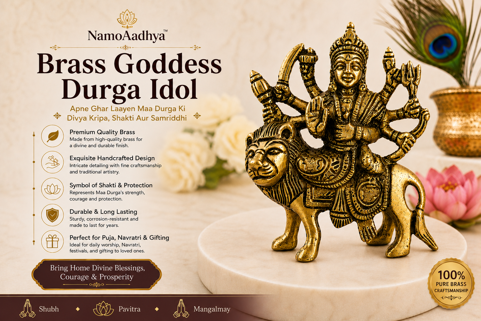 Brass Goddess Durga Idol for Home Temple & Worship