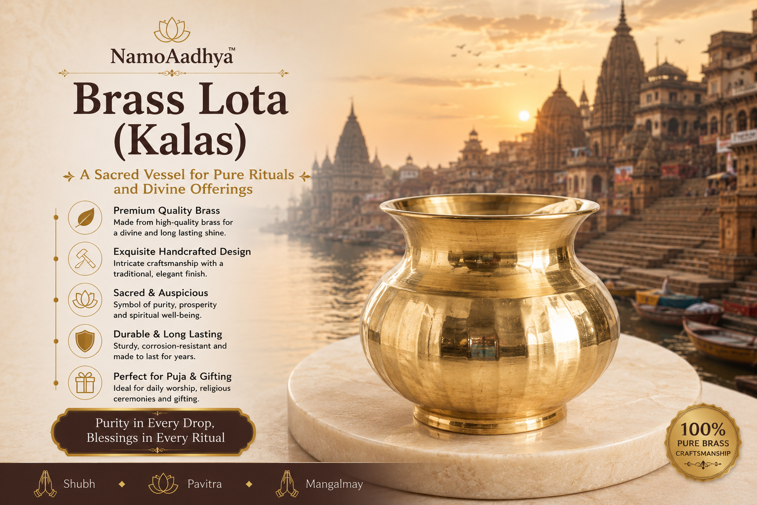 Brass Lota Kalas for Pooja, Temple Rituals & Holy Water Storage